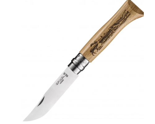 Нож OPINEL №8, нержавеющая сталь, рукоять дуб, гравировка олень